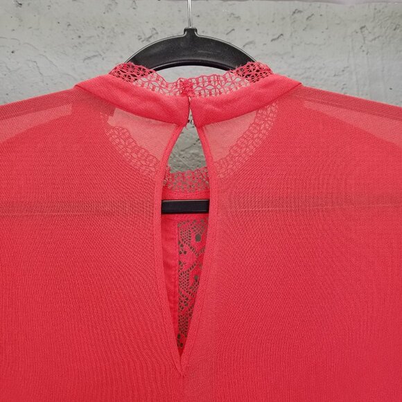 Allsaints Lilith Dress Sz 6 Eyelet Fit & Flare A-Line Coral Red Lace Sheer Lined - Picture 12 of 16